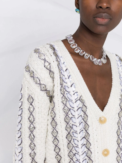 Valentino Sequin-embellished Logo Cable-knit Wool Cardigan Sweater In White