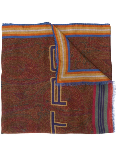 Shop Etro Pegaso-print Knitted Scarf In Brown