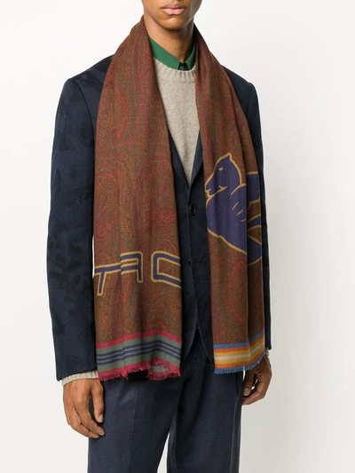 Shop Etro Pegaso-print Knitted Scarf In Brown
