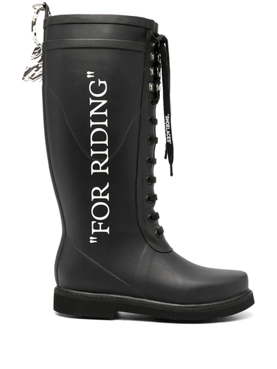 Off-white Quote-motif Lace-up Riding Boots In Black