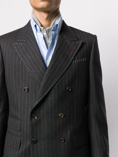 Shop Gucci Pinstripe Double-breasted Exposed Stitching Blazer In Grey