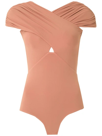 Shop Amir Slama Ruched Crossover Body Top In Neutrals