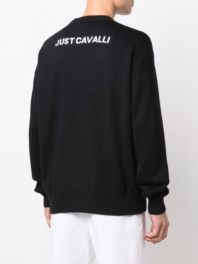 Shop Just Cavalli Patterned Intarsia-knit Crew-neck Jumper In Black