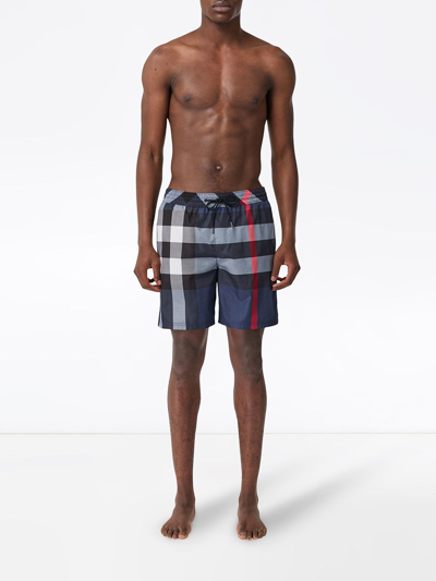 Shop Burberry Check Drawcord Swim Shorts In Blue