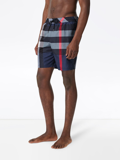 Shop Burberry Check Drawcord Swim Shorts In Blue