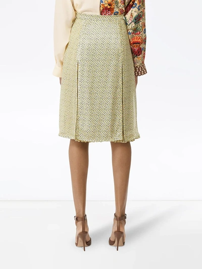 Shop Burberry Monogram Print Silk Pleated Skirt In Yellow