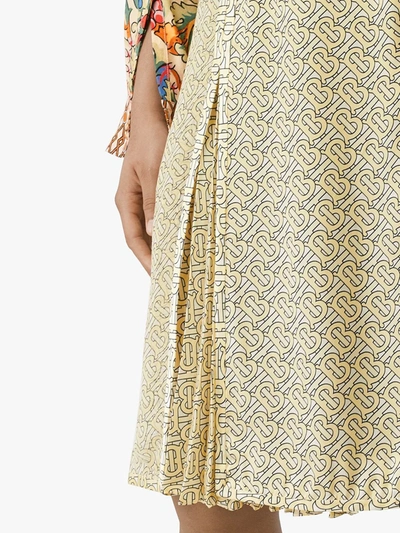 Shop Burberry Monogram Print Silk Pleated Skirt In Yellow