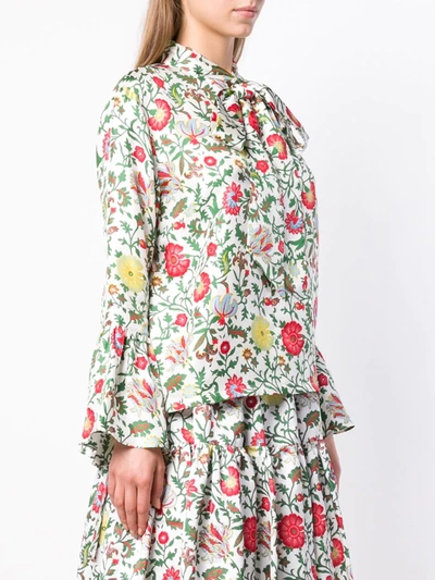 Shop La Doublej Floral Pussybow Blouse In Green