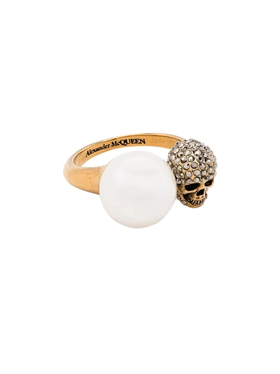 Shop Alexander Mcqueen Skull-motif Pearl-detail Ring In Gold