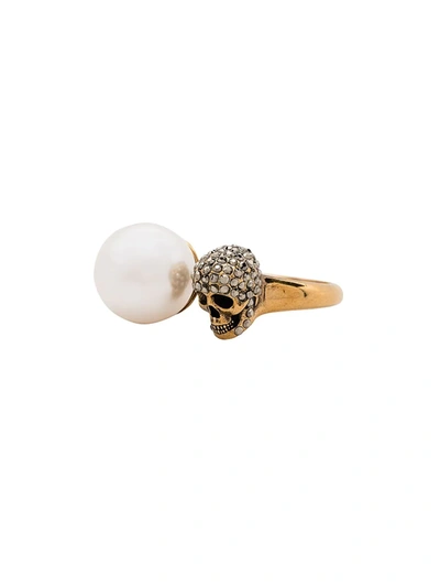 Shop Alexander Mcqueen Skull-motif Pearl-detail Ring In Gold
