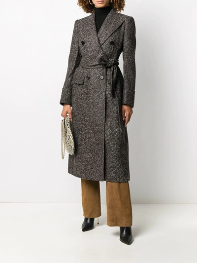 Shop Dolce & Gabbana Belted Micro Tweed Double-breasted Coat In Brown