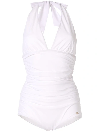 Shop Dolce & Gabbana Deep V-neck Halterneck Swimsuit In White