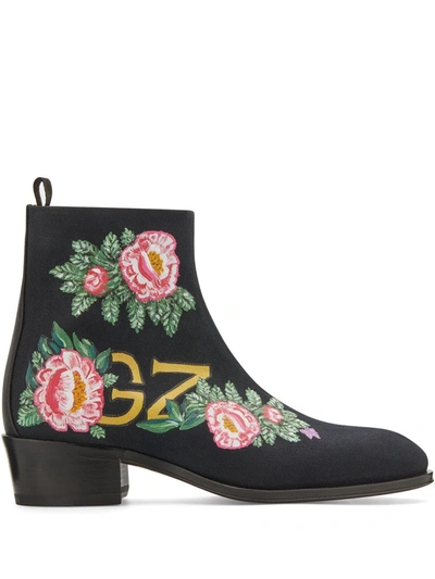 Shop Giuseppe Zanotti Floral Ankle Boots In Black