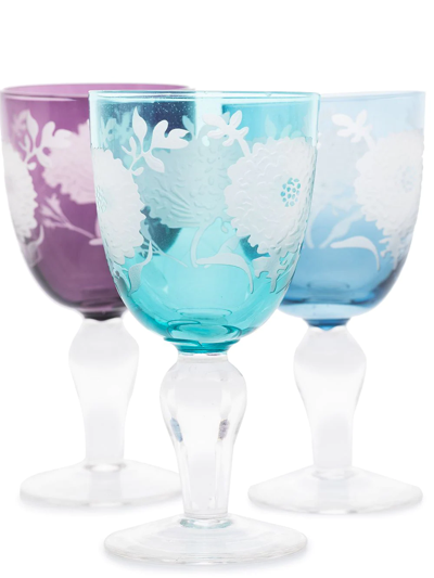 Pols Potten Multicoloured Peony Wine Glass Set In Blue