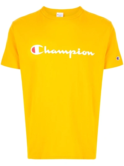 Shop Champion Logo Print Crew Neck T-shirt In Yellow