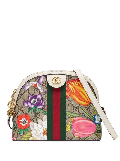 Shop Gucci Small Ophidia Flora Shoulder Bag In Neutrals