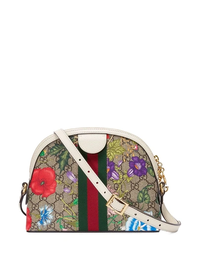 Shop Gucci Small Ophidia Flora Shoulder Bag In Neutrals