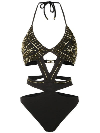 Shop Amir Slama Embroidered Cut Out Swimsuit In Black