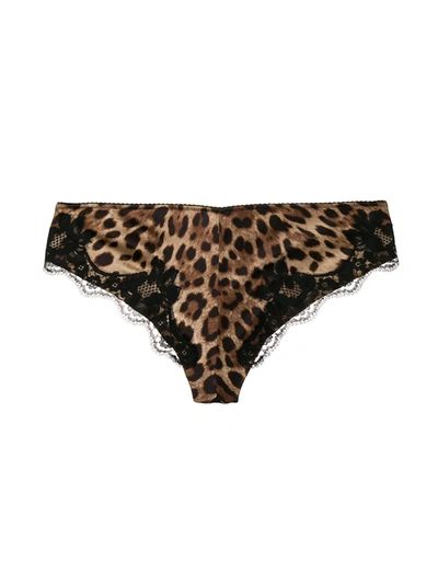 Dolce & Gabbana Leopard-print Satin Thong With Lace Detailing In Brown