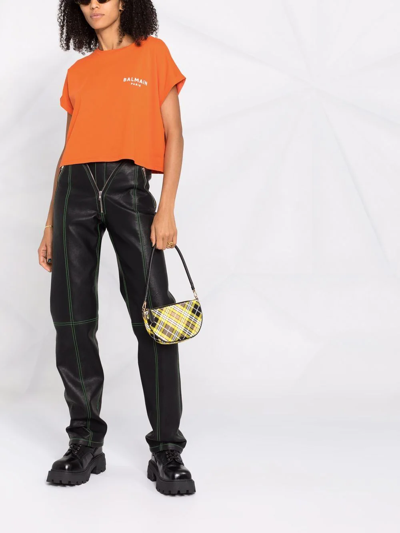 Shop Balmain Cropped Flocked-logo Short-sleeve T-shirt In Orange