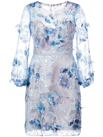 Shop Marchesa Notte Embroidered Floral Dress In Blue