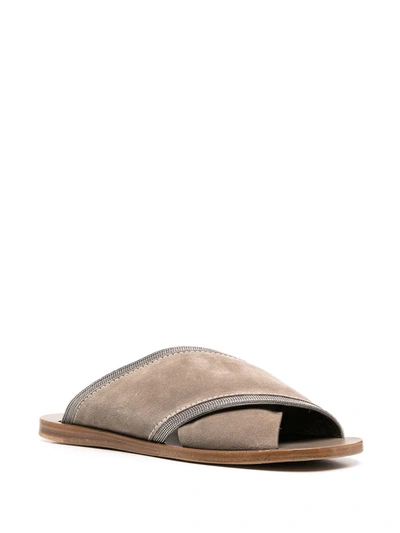 Shop Brunello Cucinelli Monili Embellished Crossover Strap Slides In Neutrals