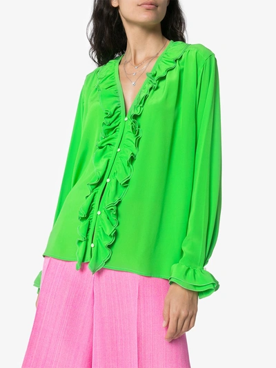 Shop Victoria Beckham Ruffled Pearl-embellished Silk Blouse In Green