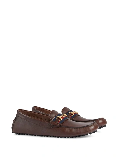 Shop Gucci Web Stripe Driving Shoes In Brown