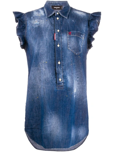 Shop Dsquared2 Frilled Sleeveless Denim Dress In Blue