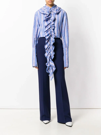 Shop Marni Striped Ruffle Detail Shirt In Blue