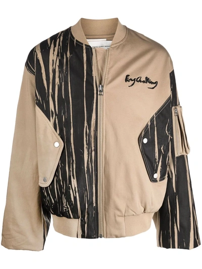 Shop Feng Chen Wang Striped Graphic Bomber Jacket In Neutrals
