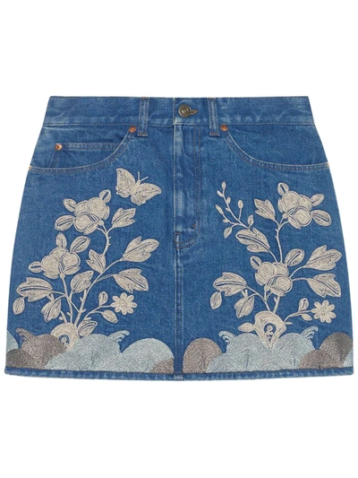 Shop Gucci Embroidered Denim Mini Skirt In Blue