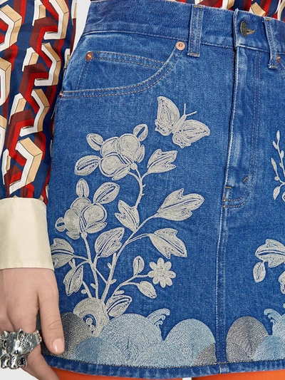 Shop Gucci Embroidered Denim Mini Skirt In Blue
