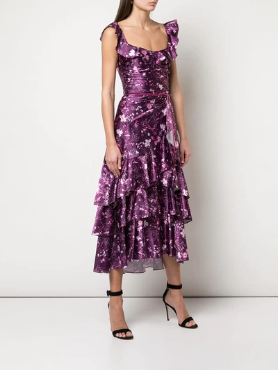 Shop Marchesa Notte Floral Ruffled Long Dress In Purple