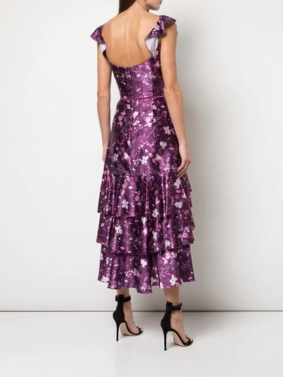 Shop Marchesa Notte Floral Ruffled Long Dress In Purple