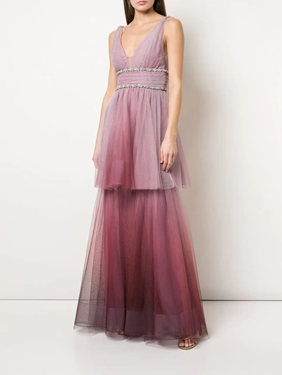 Shop Marchesa Notte Ombré Two-tiered V-neck Dress In Purple