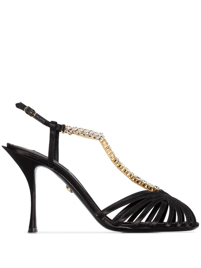 Shop Dolce & Gabbana 90mm Chain-trimmed Silk-satin T-bar Sandals In Black