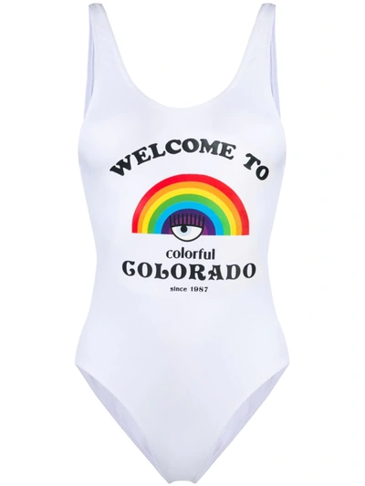 Shop Chiara Ferragni Welcome To Colorado Swimsuit In White