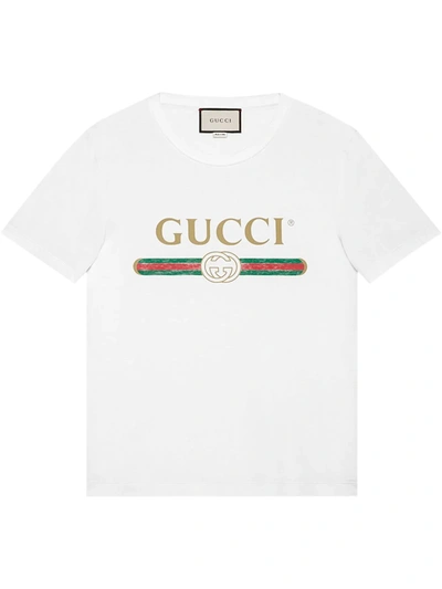 Shop Gucci Logo Print Cotton T-shirt In White