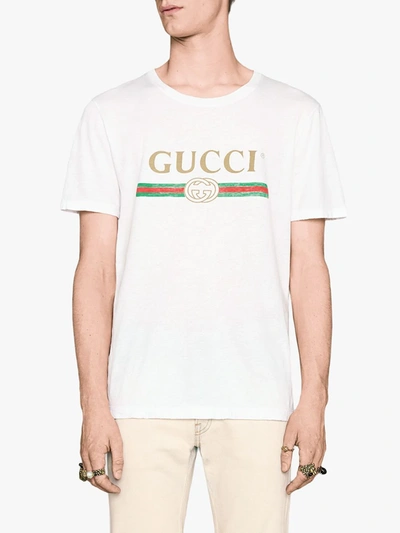 Shop Gucci Logo Print Cotton T-shirt In White