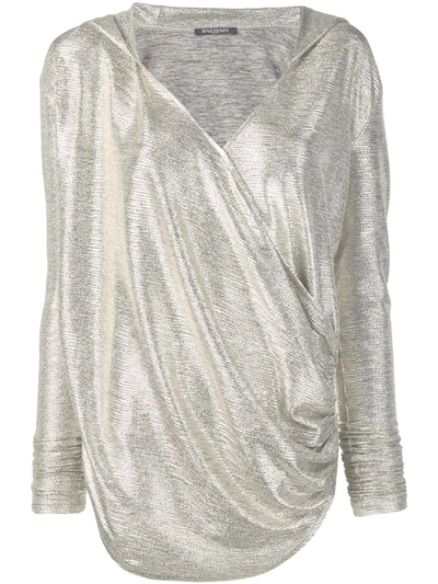 Shop Balmain Laminated-effect Hooded Knit Top In Gold
