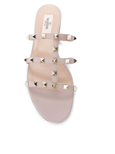 Valentino Flat Sole Rockstud Leather Sandals In Brown