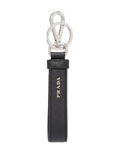 Shop Prada Triangle-logo Leather Keychain In Black