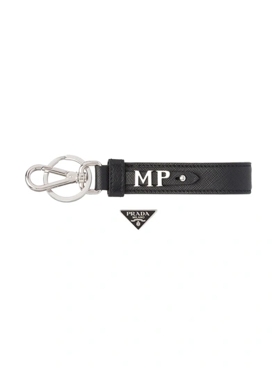 Shop Prada Triangle-logo Leather Keychain In Black
