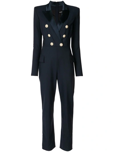 Shop Balmain Double-breasted Stretch Jumpsuit In Blue