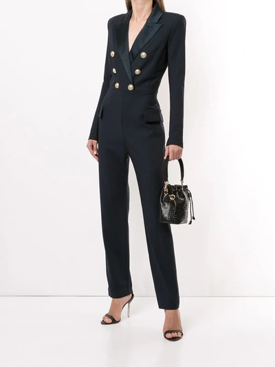 Shop Balmain Double-breasted Stretch Jumpsuit In Blue