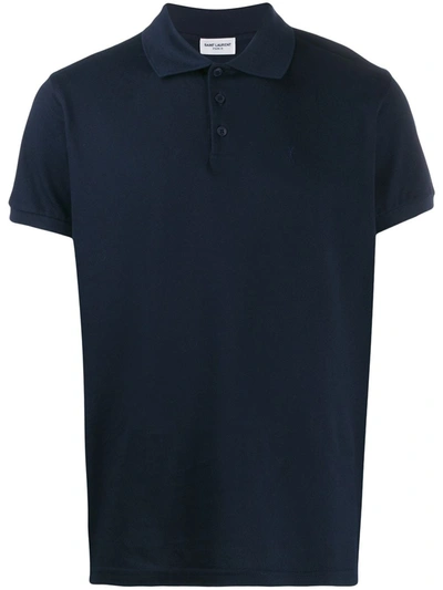 Shop Saint Laurent Embroidered Monogram Polo Shirt In Blue