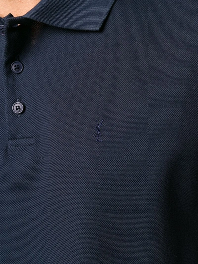 Shop Saint Laurent Embroidered Monogram Polo Shirt In Blue