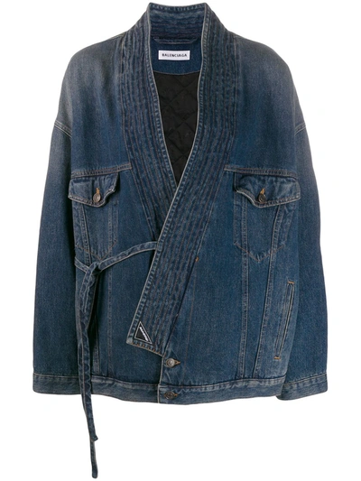 Shop Balenciaga Judo Tracksuit Style Denim Jacket In Blue