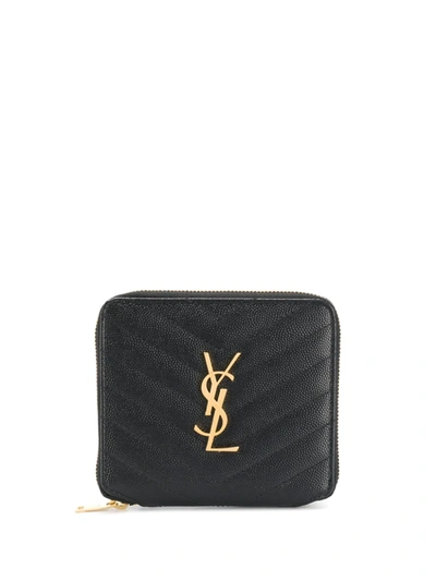 Shop Saint Laurent Monogram Zip Around Compact Wallet In Black